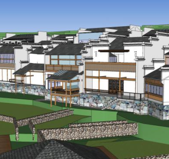 徽派湖边休闲度假酒店会所别墅SU模型下载_sketchup草图大师SKP模型
