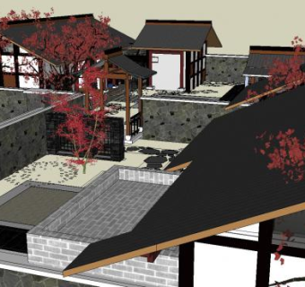 双庭院川式仿古建筑SU模型下载_sketchup草图大师SKP模型