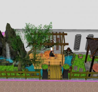 庭院景观建筑带假山SU模型下载_sketchup草图大师SKP模型