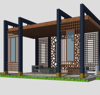 中式风格廊架缕空SU模型下载_sketchup草图大师SKP模型
