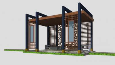 中式风格廊架缕空SU模型下载_sketchup草图大师SKP模型