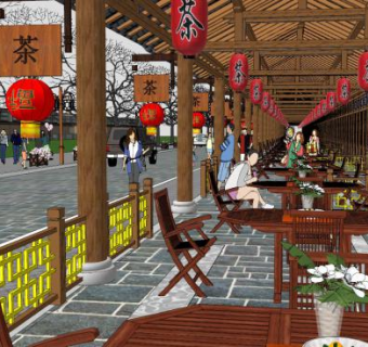 中式风格茶馆街休闲会所SU模型下载_sketchup草图大师SKP模型