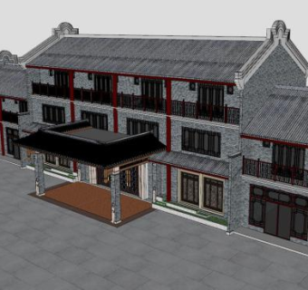 中式风格建筑酒店仿古建筑SU模型下载_sketchup草图大师SKP模型
