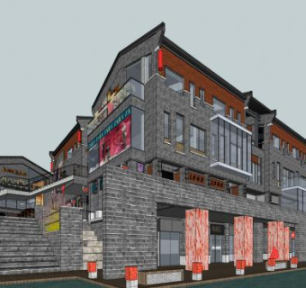 湖北梧桐湖水乡小镇商业街民国现代华中科技建筑SU模型下载_sketchup草图大师SKP模型