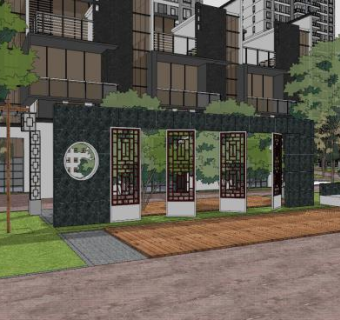 新中式风格小区住宅庭院景观SU模型