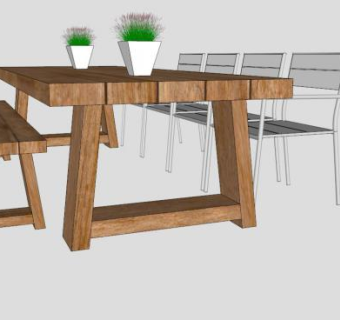 户外餐桌木桌子凳子花盆SU模型下载_sketchup草图大师SKP模型