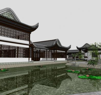 中式风格古建会所建筑SU模型下载_sketchup草图大师SKP模型