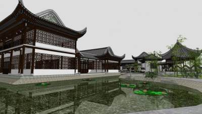 中式风格古建会所建筑SU模型下载_sketchup草图大师SKP模型