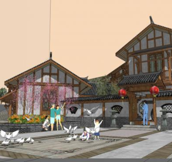 中式风格度假酒店休闲景观SU模型下载_sketchup草图大师SKP模型