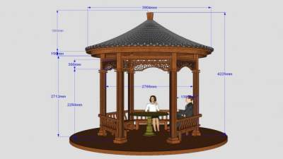 六角亭子木质亭设计SU模型下载_sketchup草图大师SKP模型