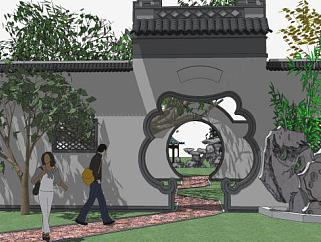 中式风格园林庭院大门入口SU模型