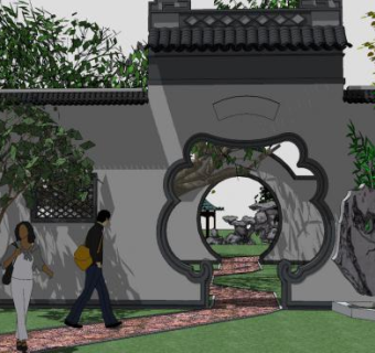 中式风格园林庭院大门入口SU模型