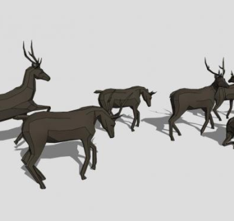 鹿群动物黑色雕塑SU模型下载_sketchup草图大师SKP模型