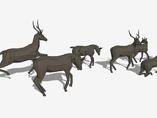 鹿群雕塑动物黑色雕塑SU模型下载_sketchup草图大师SKP模型