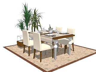 欧式风格餐桌餐具搭配室内植物SU模型下载_sketchup草图大师SKP模型