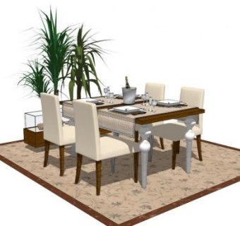 欧式风格餐桌餐具搭配室内植物SU模型下载_sketchup草图大师SKP模型