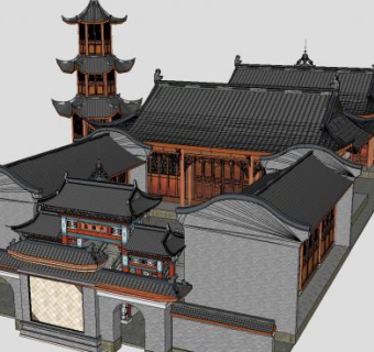 中式风格古建寺庙大殿SU模型下载_sketchup草图大师SKP模型