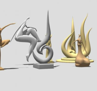 雕塑人物动作金白色SU模型下载_sketchup草图大师SKP模型