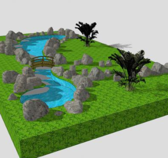 小型景观小桥假山石地形SU模型下载_sketchup草图大师SKP模型