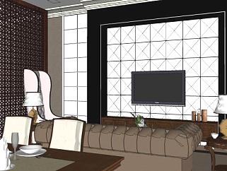 欧式客厅饭厅一体式家具装修SU模型下载_sketchup草图大师SKP模型