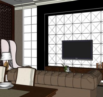 欧式客厅饭厅一体式家具装修SU模型下载_sketchup草图大师SKP模型