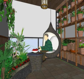 阳台花园花架植物SU模型下载_sketchup草图大师SKP模型