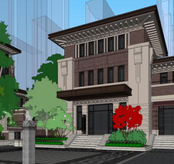 售楼处及景观中式赖特风SU模型下载_sketchup草图大师SKP模型