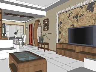 新中式风格客厅卧室室内家装四室两厅SU模型下载_...