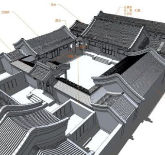 北京四合院古建筑（三进院）SU模型下载_sketchup草图大师SKP模型