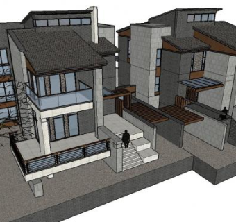 新中式别墅双拼建筑经典设计住宅SU模型