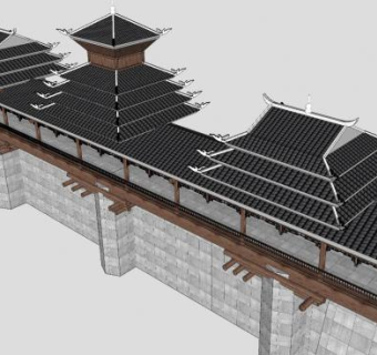 仿古围墙侗族特色风雨桥地方民族SU模型下载_sketchup草图大师SKP模型