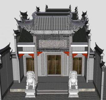 中式祠堂石狮子古建SU模型下载_sketchup草图大师SKP模型