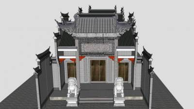 中式祠堂石狮子古建SU模型下载_sketchup草图大师SKP模型