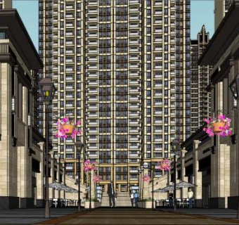 超精细商业街艺术风格楼盘SU模型下载_sketchup草图大师SKP模型