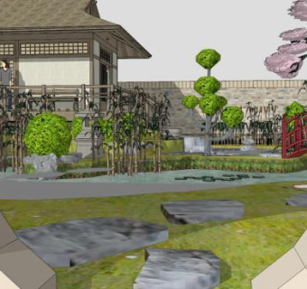 日式小花园庭院景观SU模型下载_sketchup草图大师SKP模型