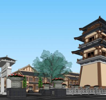 中式仿汉代商业街SU模型下载_sketchup草图大师SKP模型