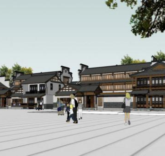 新中式风格商业街景观建筑SU模型下载_sketchup草图大师SKP模型