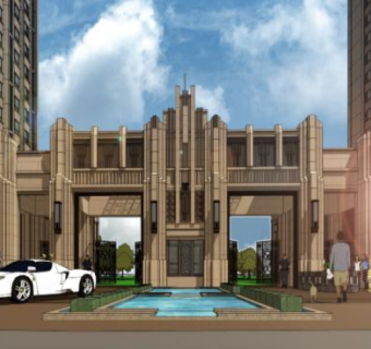 新古典风格商业街入口沿街商业街水石SU模型下载_sketchup草图大师SKP模型