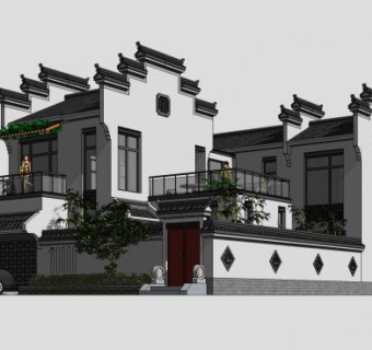 新中式徽派农村风格别墅建筑SU模型