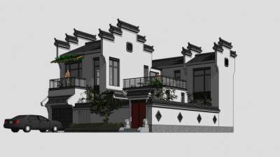 新中式徽派农村风格别墅建筑SU模型下载_sketchup草图大师SKP模型