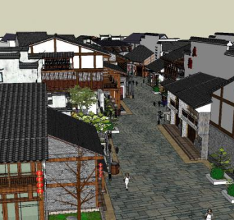 中式风格住宅景观徽派风情商业街SU模型下载_sketchup草图大师SKP模型