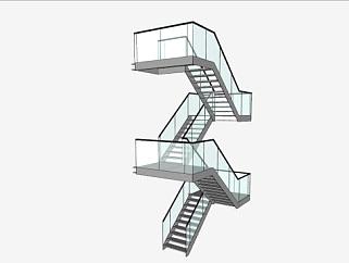 钢制转角玻璃楼梯SU模型下载_sketchup草图大师SKP模型