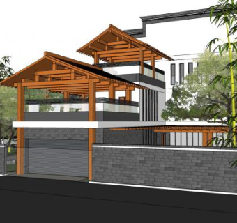 中式农村别墅带院落时代SU模型