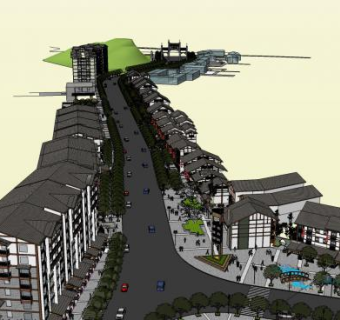 古建筑瓷器口中式商业街SU模型下载_sketchup草图大师SKP模型
