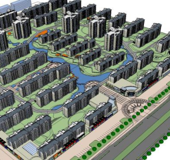 山东潍坊小区住宅高层多层平面立面总图SU模型