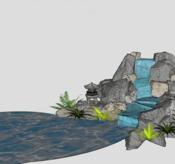 假山流水瀑布石头SU模型下载_sketchup草图大师SKP模型