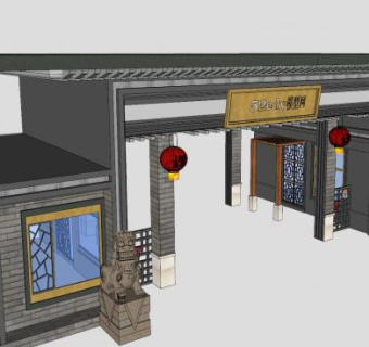 中式古典大门石雕入口SU模型下载_sketchup草图大师SKP模型
