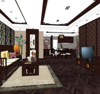 中式风格样板间客厅装修SU模型下载_sketchup草图大师SKP模型