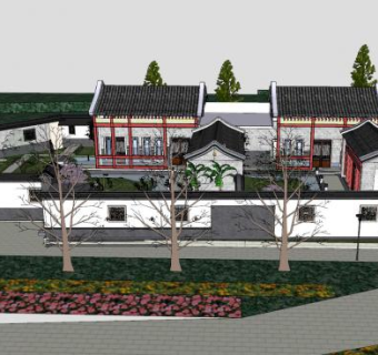 北方徽派建筑中式风格建筑庭院景观SU模型