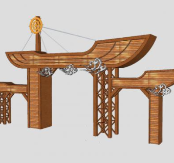 创意船式木制农庄休闲山庄大门SU模型下载_sketchup草图大师SKP模型